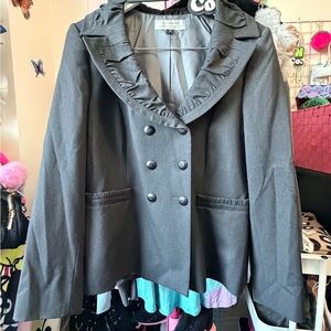 Tahari Gray Double-Breasted Blazer with Ruffled Collar